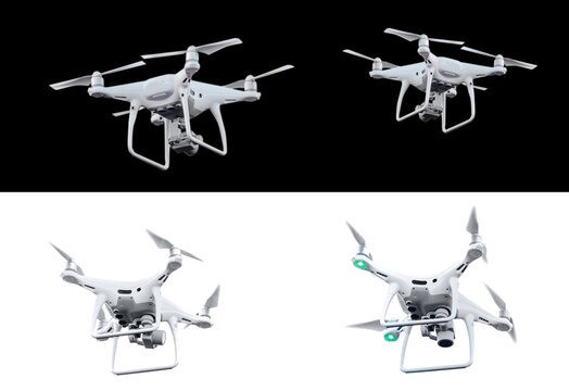 Isolated white drone robot innovation with twirled propellers on black background