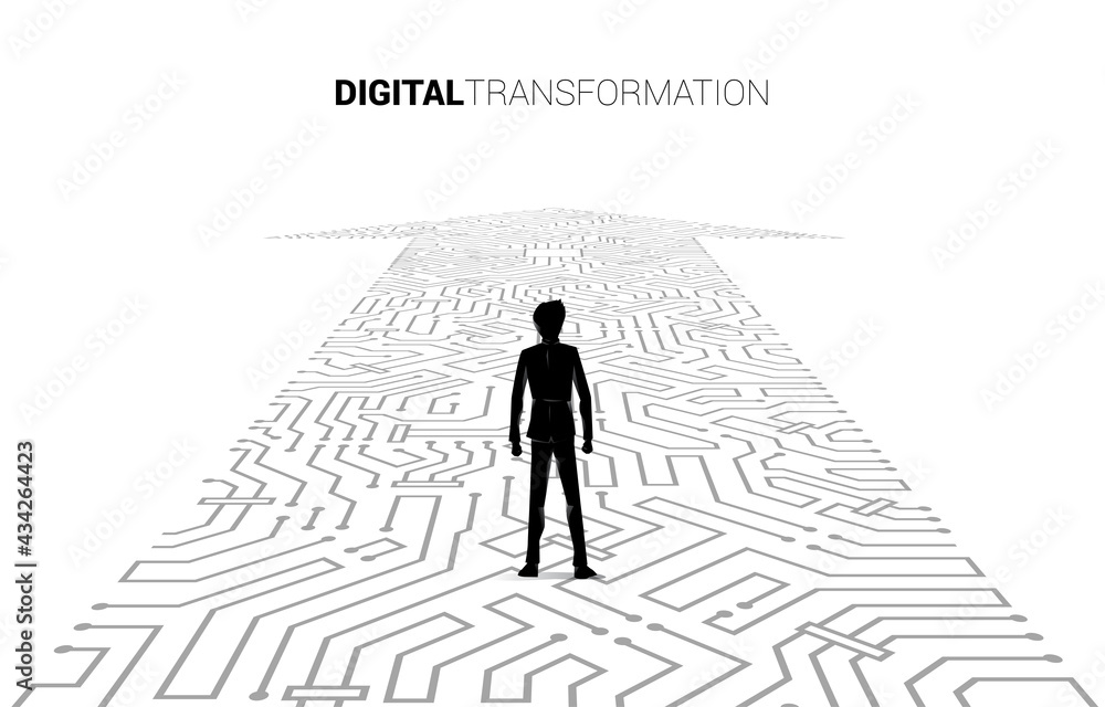 Poster silhouette of businessman standing on the arrow dot connect circuit board style. concept of digital 
