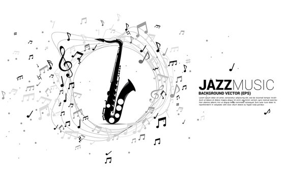 Vector music melody note flow with saxophone. Concept background for jazz song and concert theme.
