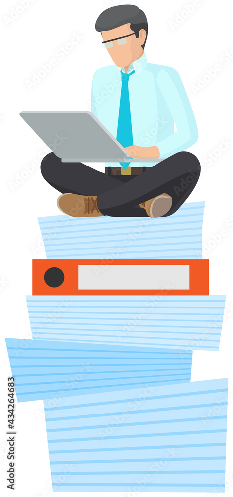 Poster businessman doing large amount of work. busy male employee sitting at stack of folders with laptop a