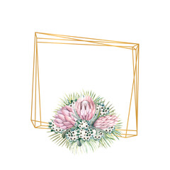 Frame with protea flowers, tropical leaves, palm leaves, bouvardia flowers. Wedding bouquet in a frame for the design of a stylish invitation. Watercolour illustration