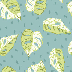Vector Variegated Monstera Leaves on Spotted Green seamless pattern background. Perfect for fabric, scrapbooking and wallpaper projects.