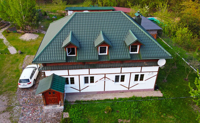 Top view of a beautiful metal roof of a house