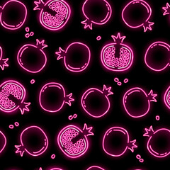 Neon garnet seamless pattern with pink fruits with seeds icons on black background. Summer, health food, fresh juice concept. Vector illustration 10 EPS.