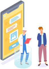 Man with pain in throat on online consultation with doctor. Medical specialist consults patient with sore throat. Male character communicating with otolaryngologist via messenger on smartphone