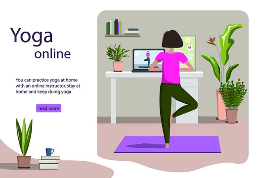 Yoga online concept with young woman doing yoga exercise at home with online classes on laptop with instructor. Live stream, internet education. Cozy interior. Poster, banner, landing page website