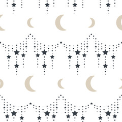 Vector Crescent Moon with Star Chains on White seamless pattern background. Perfect for fabric, scrapbooking and wallpaper projects.