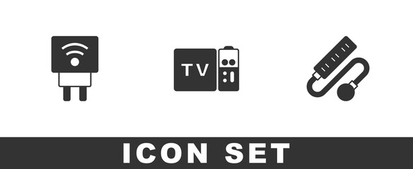 Set Smart electric plug, Multimedia and TV box receiver and Electric extension cord icon. Vector