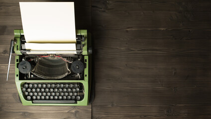 vintage typewriter and magnifier on handbook - obrazy, fototapety, plakaty