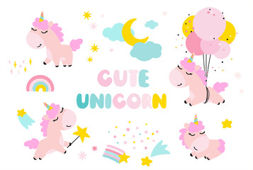 A set of cute unicorns with the moon and stars. A unicorn on balloons and with a magic wand. Design for baby sleep.