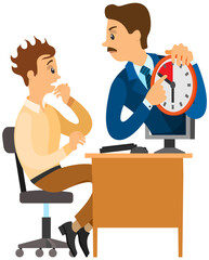 Missing deadline, bad time management. Work in high stress conditions and under hard boss pressure. Scene of tired, nervous, stressed people clutches head at work, many tasks. Deadline metaphors