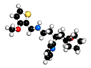 Oliceridine painkiller drug molecule. 3D rendering.