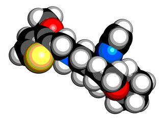 Oliceridine painkiller drug molecule. 3D rendering.