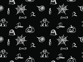 Seamless pattern for Halloween holiday. Different halloween symbols: pumpkin, eyeball, Ghost, Gravestone, spider cobweb, Witch Hat. Holiday background for textile, fabric, wallpaper.