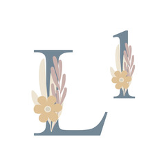 Letters of alphabet decorated with flowers, floral monogram vector illustration in simple boho style, flat pastel colored decorative lettering