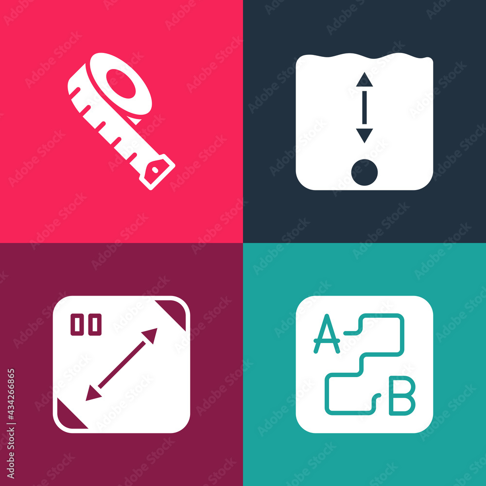 Poster set pop art route location, diagonal measuring, depth measurement and measuring tape icon. vector