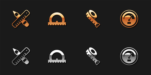 Set Crossed ruler and pencil, Protractor, Measuring tape and Speedometer icon. Vector