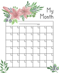 Calendar grid floral ornament watercolor illustration, blank printable template, undated monthly planner page - obrazy, fototapety, plakaty