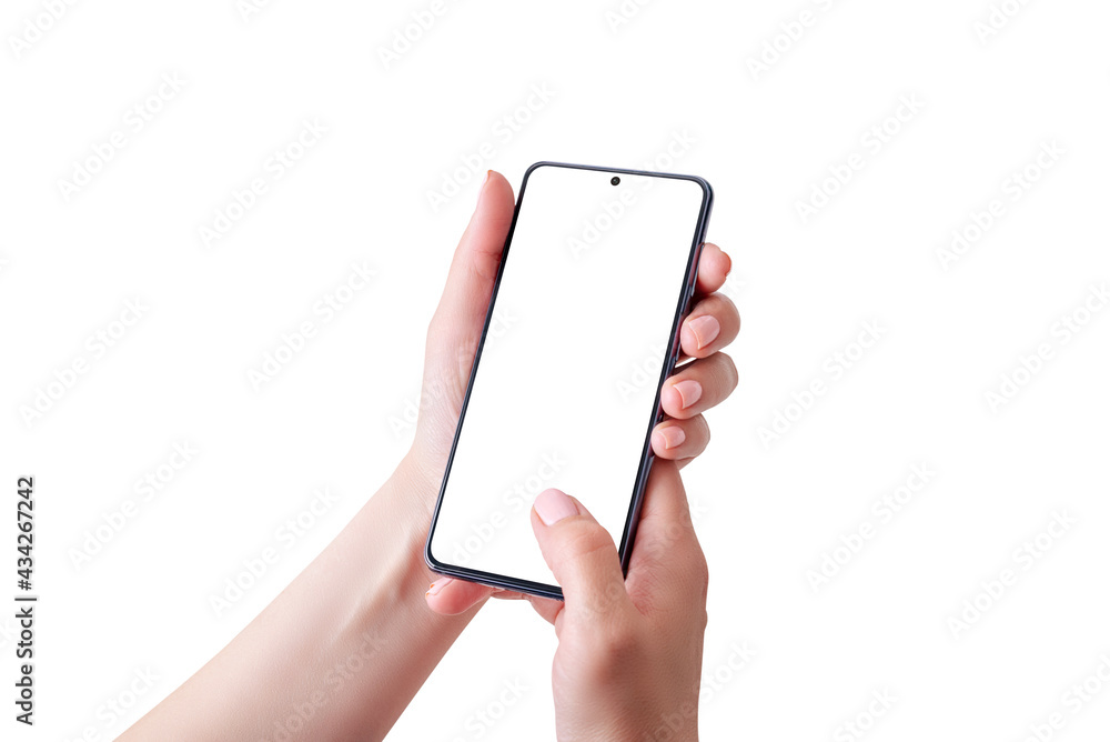 Poster woman hands with smart phone close-up. touch with thumb concept. isolated screen and background for 