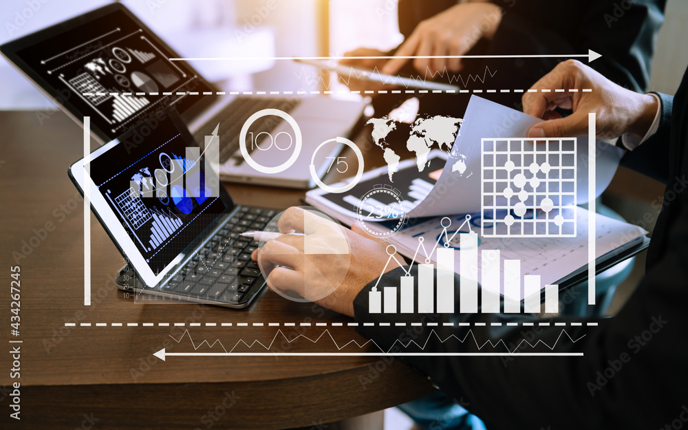 Poster data management system with business analytics concept. business team hands working with provide inf