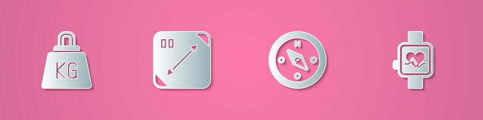 Set paper cut Weight, Diagonal measuring, Compass and Smart watch icon. Paper art style. Vector