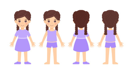 Beautiful little girl in a dress front and back view. Isolated child with pigtails in a swimsuit. Flat color cartoon style. White background. Vector stock illustration.