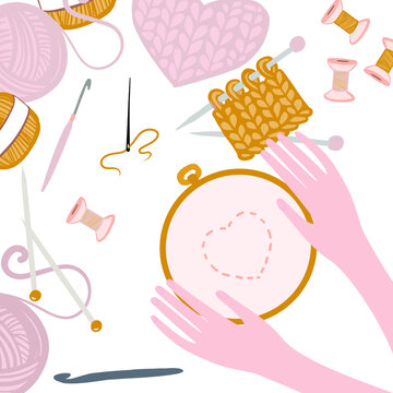 hands with hoop for embroidery and knitting  on the white background