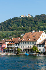 panorama with houses, Rhine river and Burg Hohenklingen in an old historic town Stein am Rhein in Schaffhausen, Switzerland