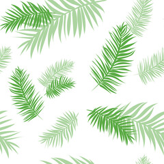 Fototapeta premium Tropical seamless pattern with palm leaves. Background from green tropical leaves with transparency and overlay. Stylish summer texture. Spring jungle print from tropics. Green palm fabric, textile.