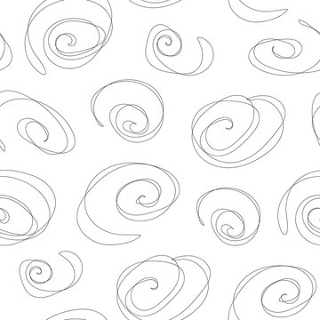 White seamless pattern in line art style, with black thin curl. White texture with chaotic thin black spiral lines. Abstract background, minimalist wallpaper, simple print for fabric, hand drawn style