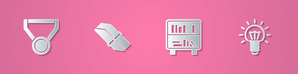 Set paper cut Medal, Eraser or rubber, Shelf with books and Light bulb icon. Paper art style. Vector