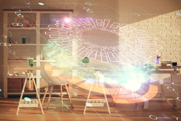 Multi exposure of data theme drawing and office interior background. Concept of technology.