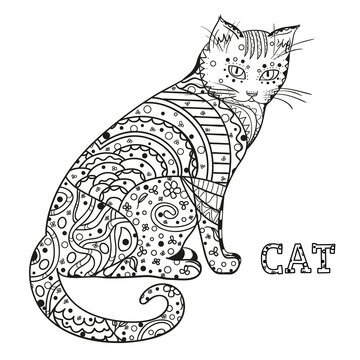 Cat. Zentangle. Hand drawn cat with abstract patterns on isolation background. Design for spiritual relaxation for adults.  Black and white illustration for coloring. Zen art. Outline for t-shirts