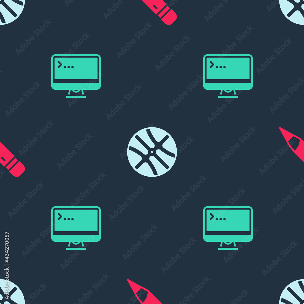 Poster set pencil with eraser, basketball ball and computer monitor on seamless pattern. vector