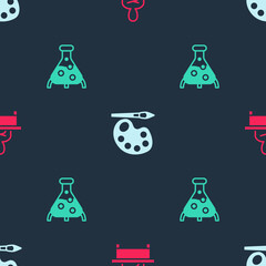 Set Schoolboy sitting at desk, Paint brush with palette and Test tube and flask on seamless pattern. Vector