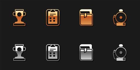 Set Award cup, Exam sheet with check mark, Book and Ringing alarm bell icon. Vector