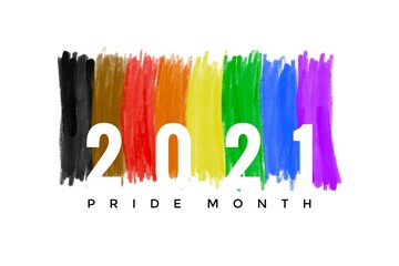 Drawing lines in rainbow colours with texts '2021 PRIDE MONTH", concept for celebration of lgbtqai communities in pride month or in June around the world.