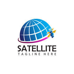 Satellite and world logo template design vector communication system logotype in isolated background