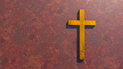 Concept or conceptual golden cross on a  rusted corroded metal or steel sheet backround. 3d illustration metaphor for God, Christ, religious, faith, holy, spiritual, Jesus, belief, resurection