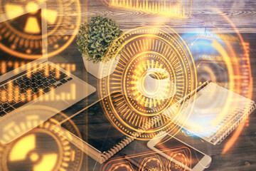 Double exposure of tech theme sketch over cell phone background. Concept of technology