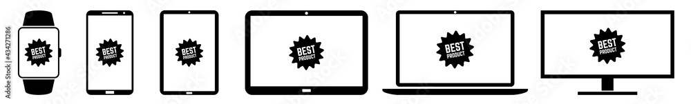 Poster display best product label badge price tag sticker icon devices set | web screen device online | lap