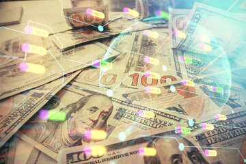 Double exposure of world map drawing over us dollars bill background. International concept.