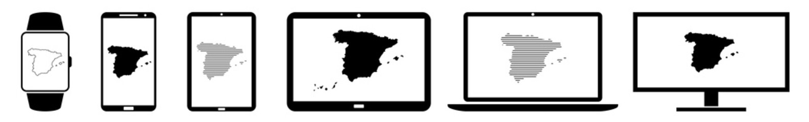 Display Spain, map, border, country, geography Icon Devices Set | Web Screen Device Online | Laptop Vector Illustration | Mobile Phone | PC Computer Smartphone Tablet Sign Isolated