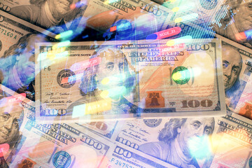 Double exposure of data theme drawing over us dollars bill background. Technology concept.
