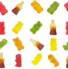Seamless pattern of isolated colorful gummy bears and cola bottles for textile