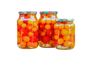 Tomatoes in glass jars, homemade pickles