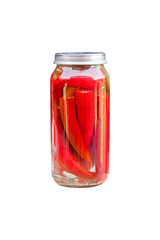 Chili peppers in a glass jar, homemade pickles