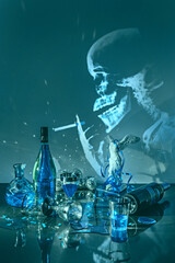Obraz na płótnie Canvas Ghostly image of skull projected in blue with bottles