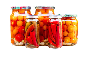 Tomatoes and peppers in glass jars, homemade pickles