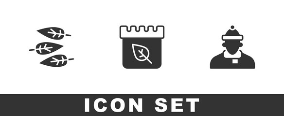 Set Leaf or leaves, Calendar with autumn and Autumn clothes icon. Vector